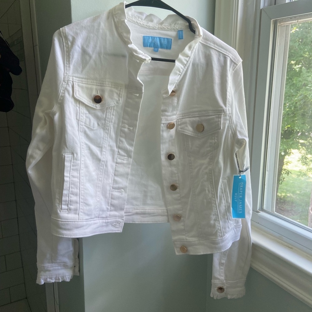 White jean jacket with ruffle and gold detail